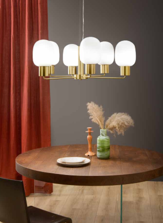 Sospensione 6 luci in vetro opale struttura metallo oro satinato 6XE27 non incl. FELLINI Sospensione 6 luci in vetro opale struttura metallo oro satinato 6XE27 non incl. FELLINI